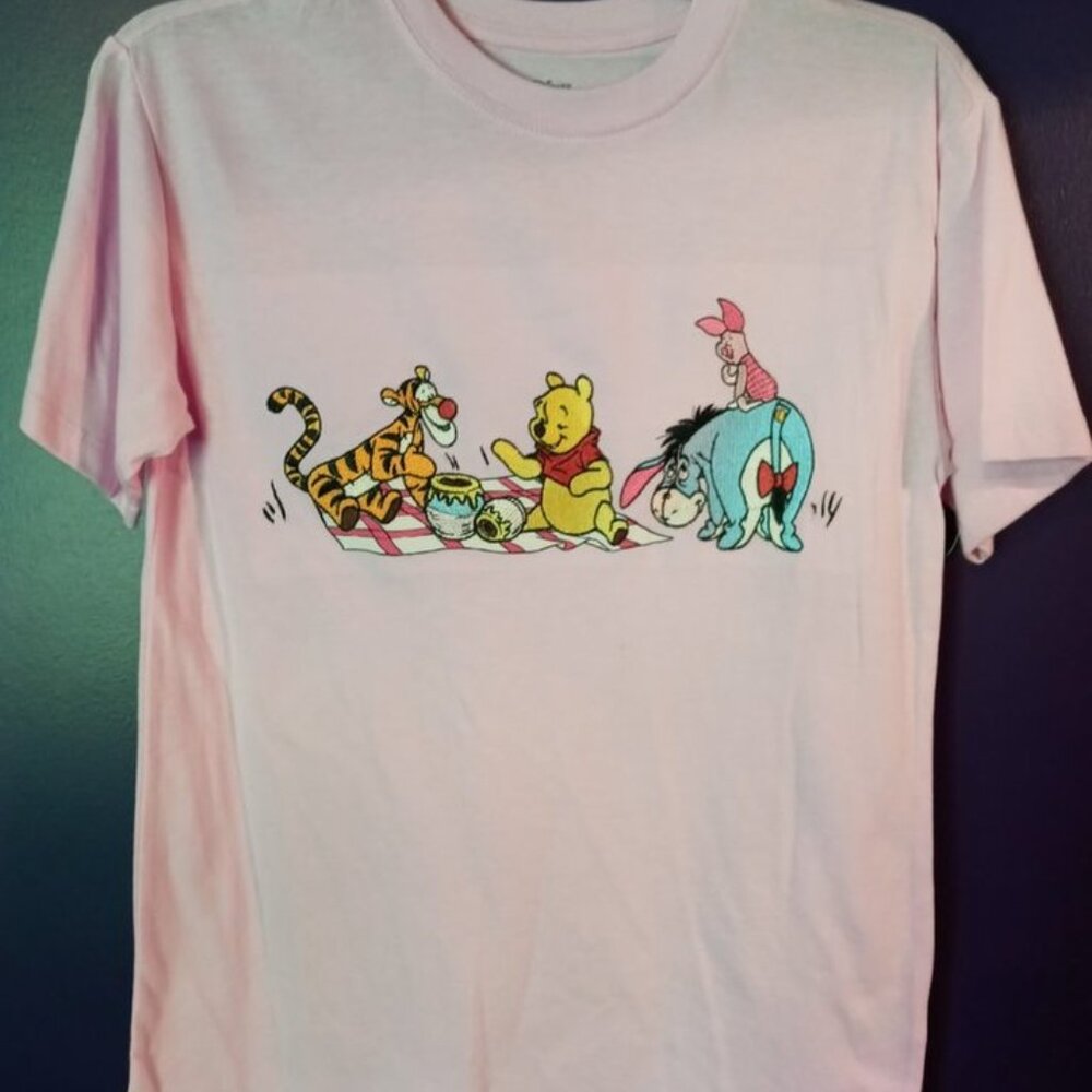 Embroidered Pink Winnie the Pooh T-Shirt with the gang on a Picnic.